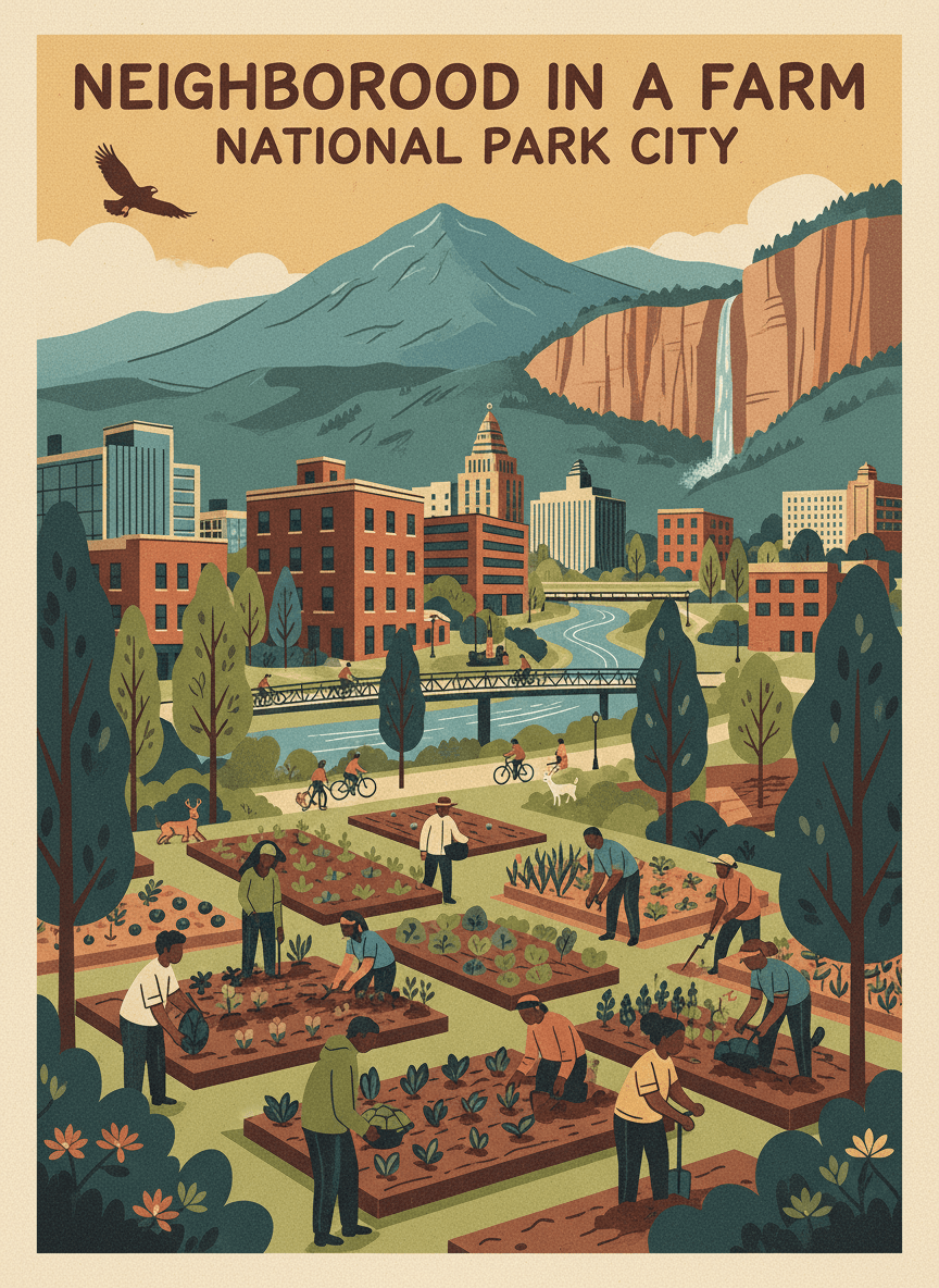 A "neighborhood in a farm" within a "city in a park"